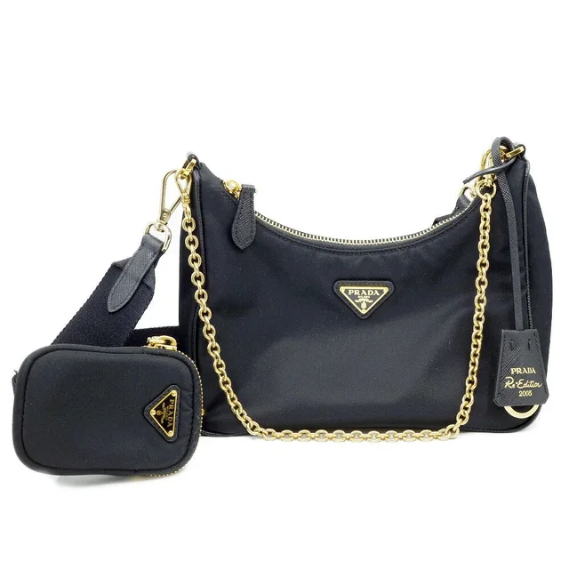 Prada Re-Nylon Edition Shoulder Bag Black Gold in Black Nylon from The Reluxe