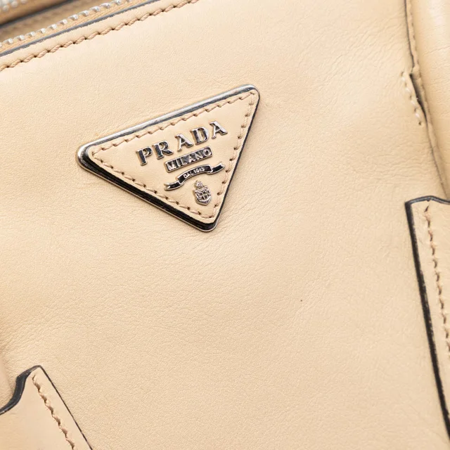 Prada Beige Bicolor Glace Calf Twin Pocket Double Handle Satchel in White Leather from Designer Revival, photo 5 of 6