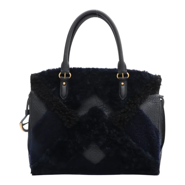 Loewe Mouton Leather Anagram Embossed Handbag Navy/Black in Black Leather from VINTAGE QOO TOKYO