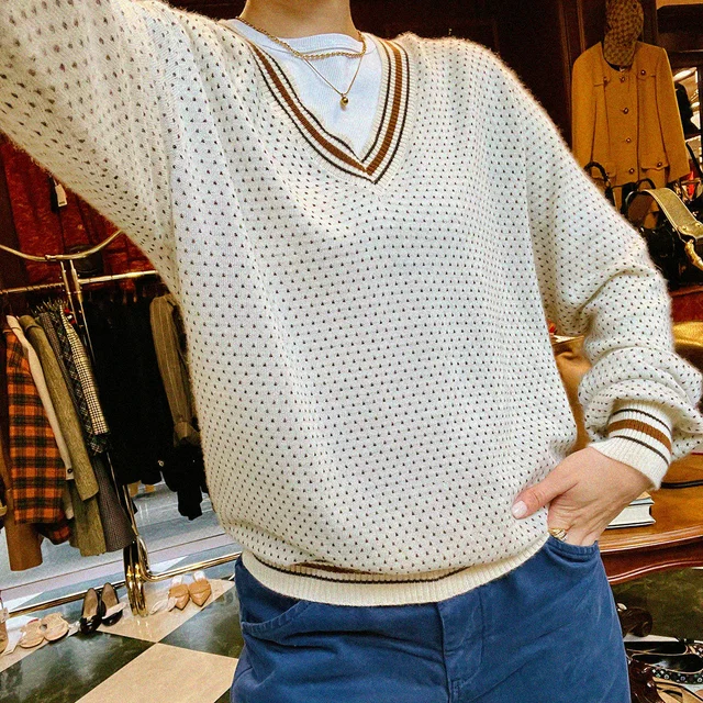 Louis Vuitton Dot Pattern Long Sleeve Knit Top #S Beige/Brown in Brown Cashmere from VINTAGE QOO TOKYO