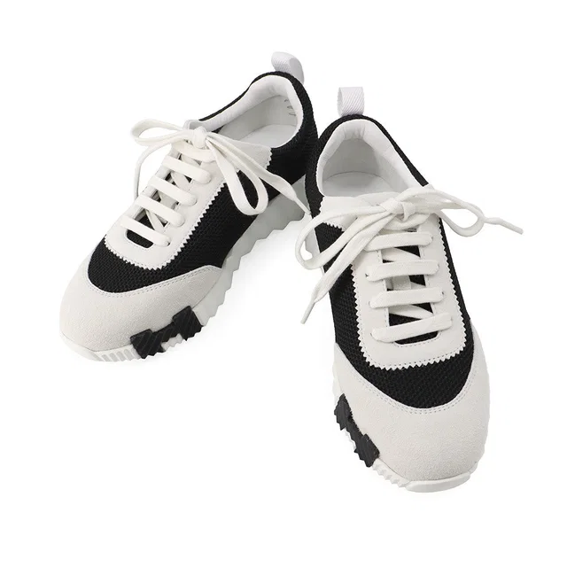 Hermès Sneakers bouncing Black/White/Orange Textured Mesh Chèvre Velour Size 37H in Black Goatskin from GALLERY RARE