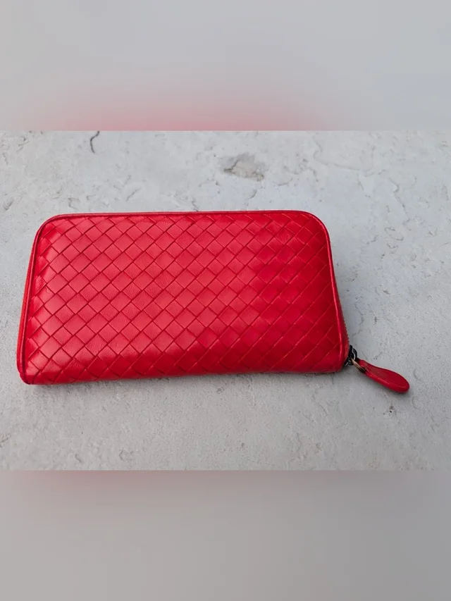 Bottega Veneta Intrecciato Zip-Around Leather Wallet in red Woven leather from Poshmark