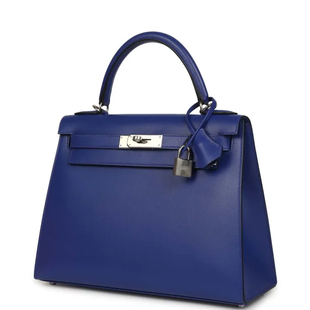 Hermès Kelly Sellier 28 Bleu Electric Tadelakt Palladium Hardware in Blue Goatskin from Madison Avenue Couture, photo 5 of 9