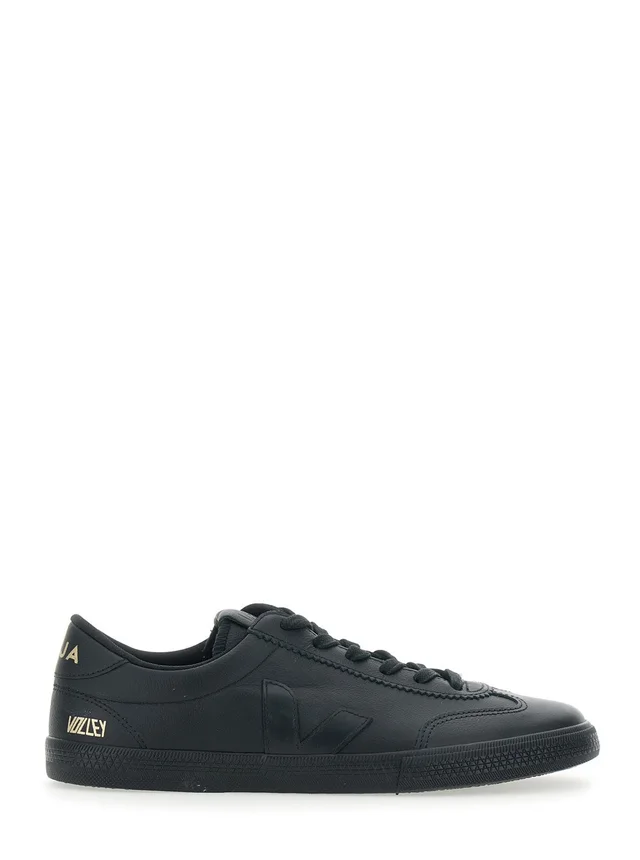 VEJA Sneaker 'Volley' Low Top with Logo Patch on the Side and Logo Lettering on the Back in Black Leather Unisex in Black 100% Organic Traced leather, photo 2 of 8 from Gaudenzi Boutique