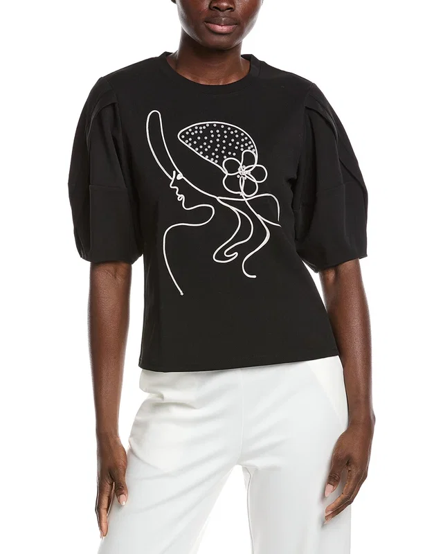 Gracia Abstract Face Embroidered Puff Sleeve Top, image 1 of 1 from Gilt