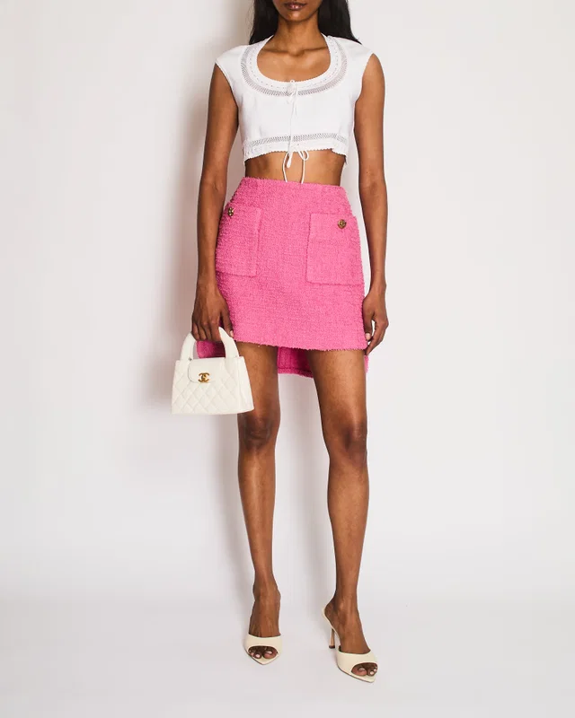 Chanel 22/S Pink Asymmetric Tweed Skirt with Pocket Detail Size FR 38 (UK 10) in Pink Tweed from Sellier