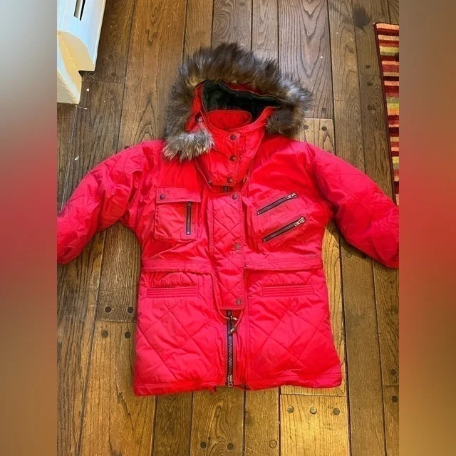 Mulberry Street Outerwear Red Puffy Goose Down Jacket With Silver Fox Fur Small in red from Poshmark