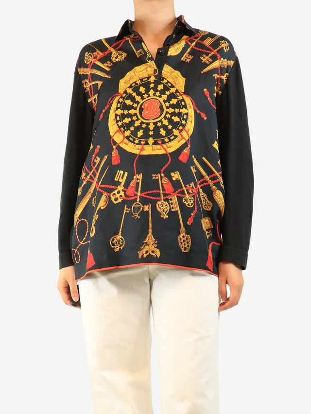 Hermès Black vintage silk printed polo top - size L in Black Silk from Sign of the Times