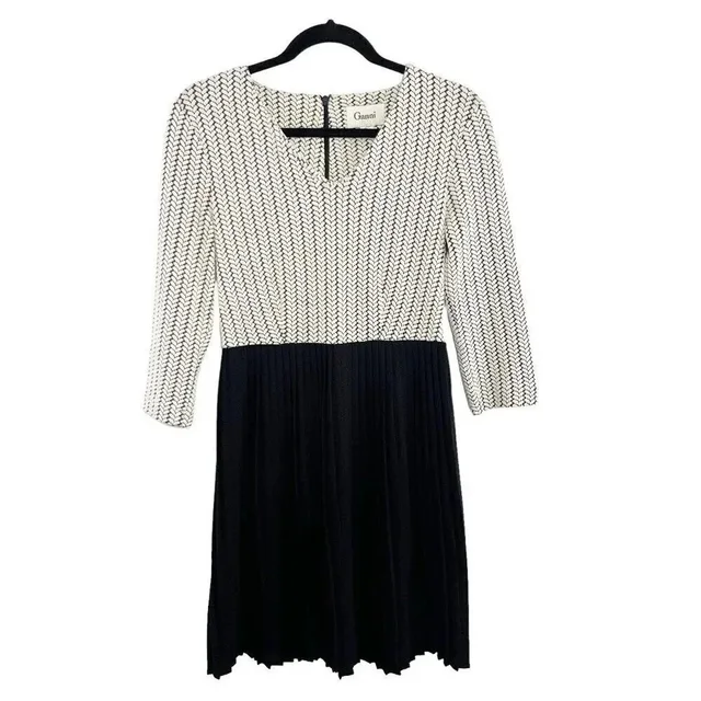 GANNI For Anthropologie Black & White Herringbone Pleated Dress Women's Size Xs in black|white from Poshmark