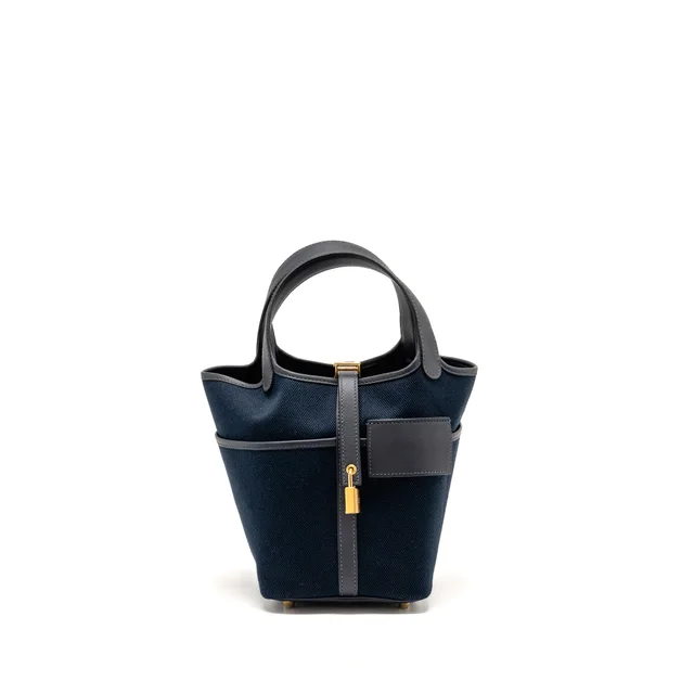 Hermès Cargo Picotin 18 Lock Bag Swift / Toile Canvas Blue Marine / Caban GHW Stamp B in Navy Swift leather from EMIER