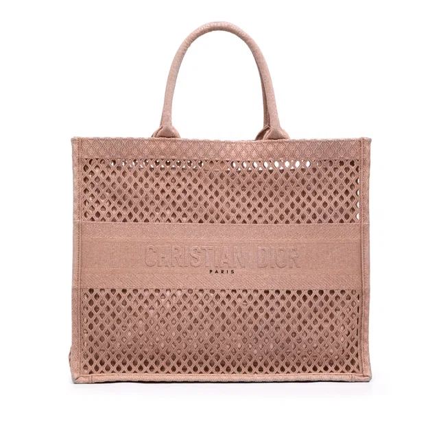 Pink Dior Large Embroidered Mesh Book Tote in Pink Canvas from Designer Revival