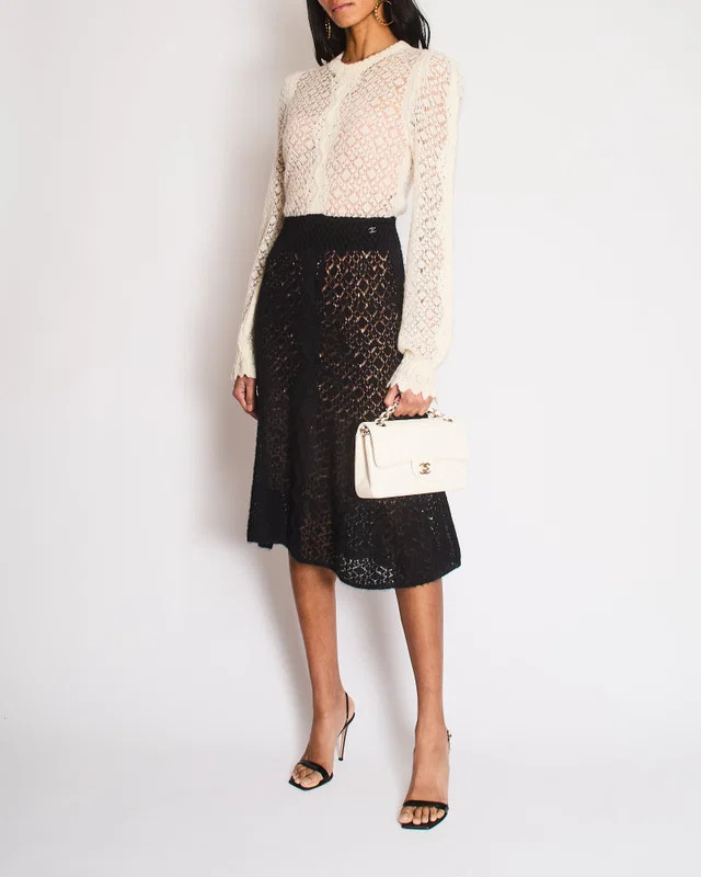 Chanel Black and Cream 23/B Crochet Knitted Long Sleeve Midi Dress Size FR 36 (UK 8) in Black Wool from Sellier