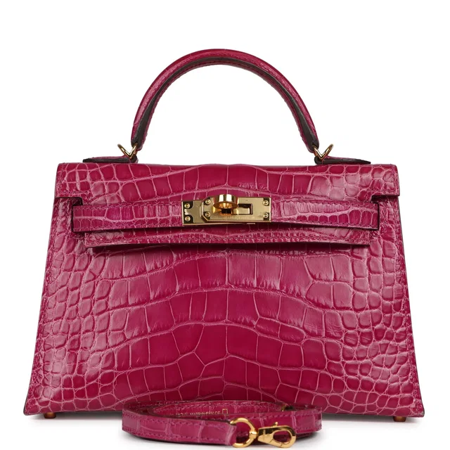 Hermès Kelly Sellier 20 Rose Scheherazade Shiny Alligator Gold Hardware in Pink Crocodile from Madison Avenue Couture