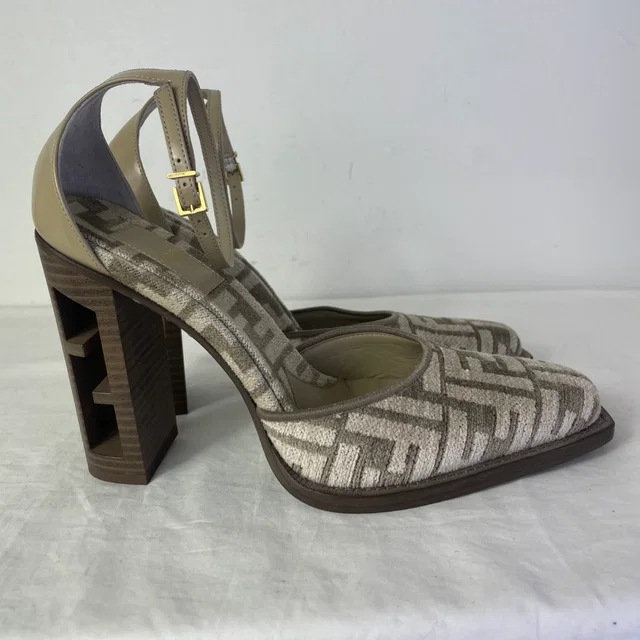Fendi Chenille Jacquard FF Cut Baguette Ankle Strap Heels in Chenille, Leather, wooden from Reowned