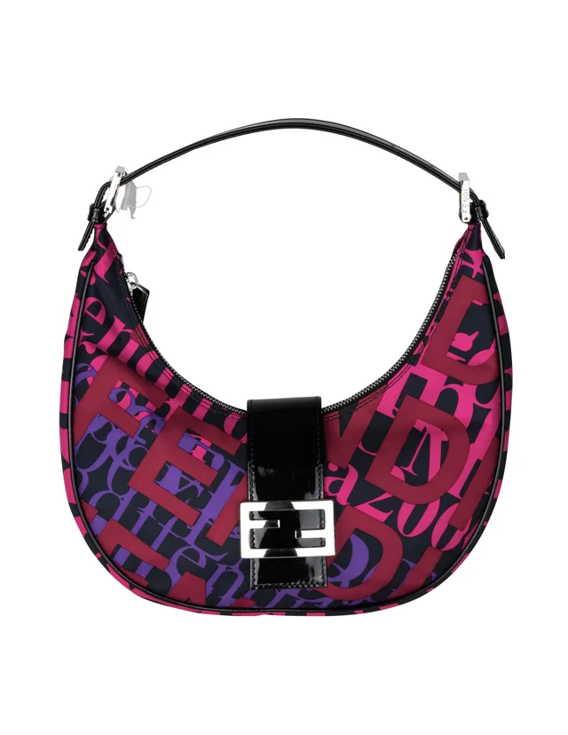 Fendi Vintage Colorful Graphic Typography Nylon and Patent Croissant Shoulder Bag from Amarcord Vintage Fashion