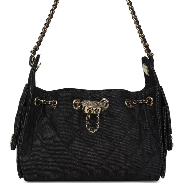 Chanel Mini 25 Hobo Bag Dark Blue Denim Light Gold Hardware in Blue Denim from Madison Avenue Couture