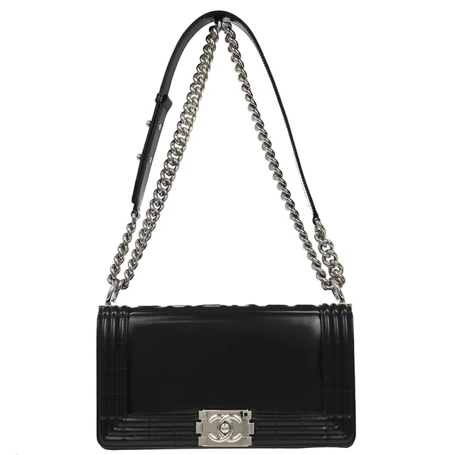 Boy Chanel 2012 Black Glazed Calfskin Medium Chain Shoulder Bag in Black Calfskin from AMORE Vintage Tokyo