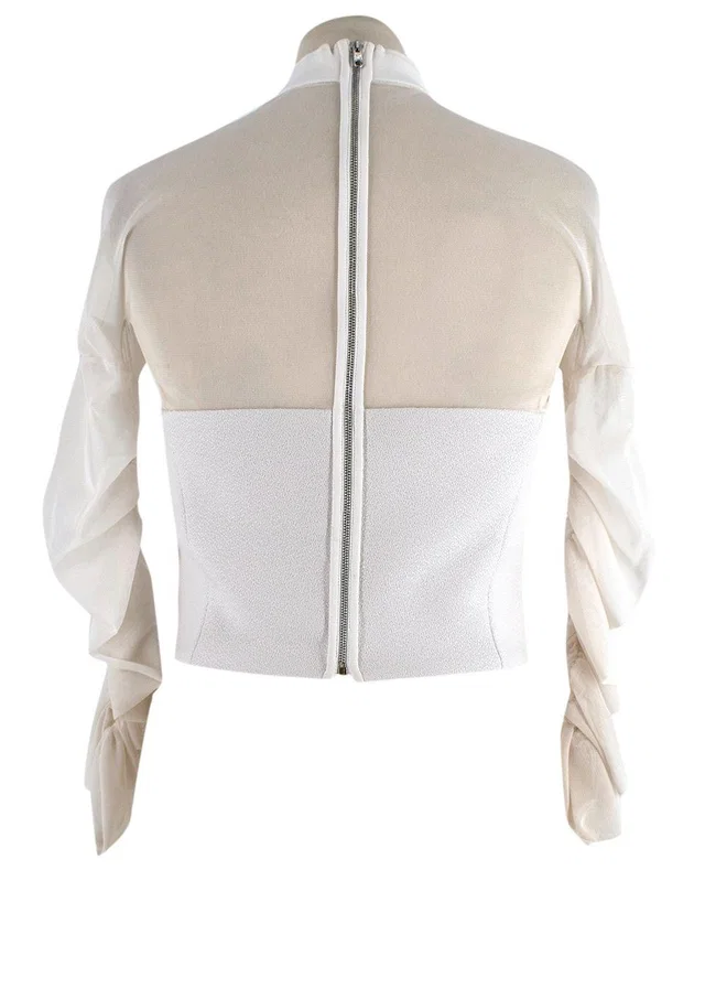 Balenciaga White Sheer Panel Ruched Sleeve High Neck Top in White from HEWI