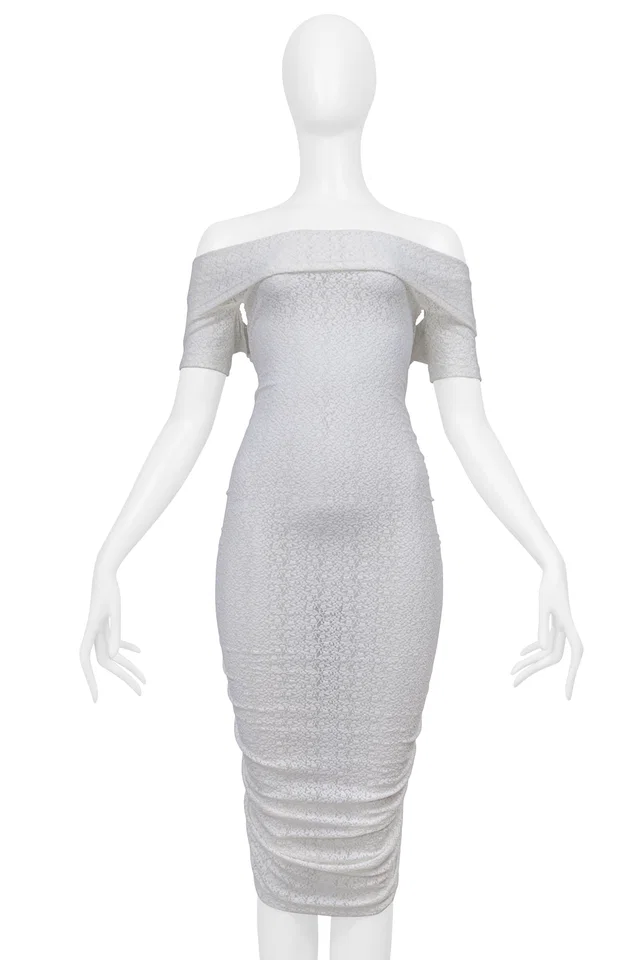 Dolce & Gabbana White Lace Off The Shoulder Ruched Dress in White Nylon from Resurrection Vintage