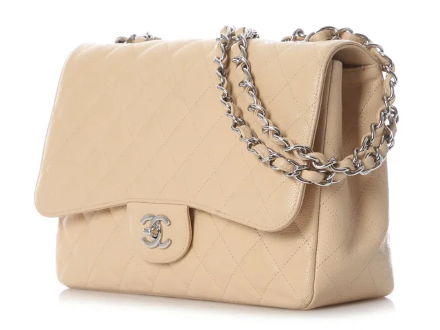 Chanel Jumbo Beige Quilted Caviar Classic Single Flap in Beige Caviar leather from Ann's Fabulous Finds, photo 3 of 9