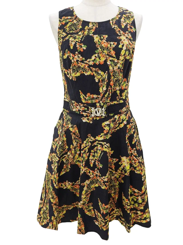 Versace Flower Pattern Logo Plate Dress #IT42 Black/Multi in Black from VINTAGE QOO TOKYO