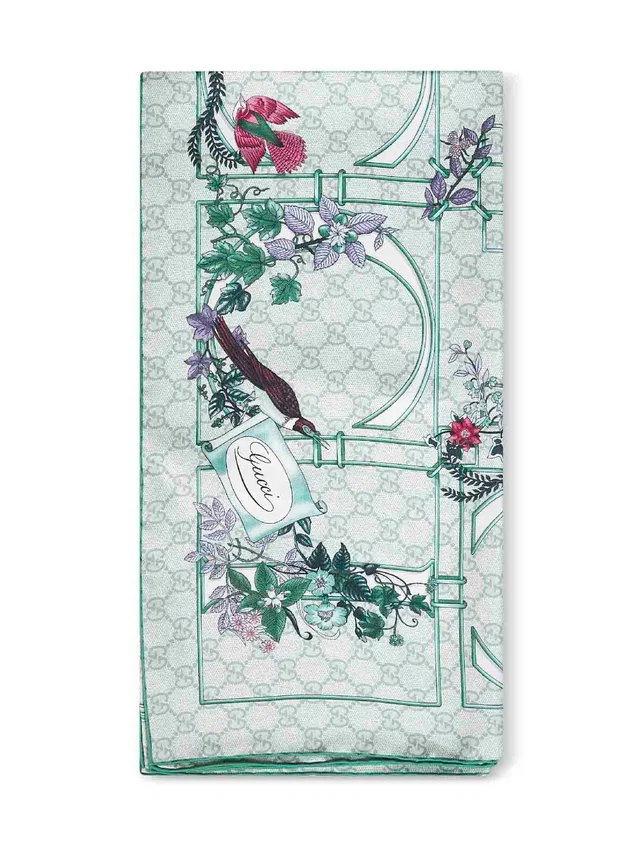 Gucci Floral And Geometric Print Silk Twill Scarf — Green Scarfs in Green Silk from HEWI