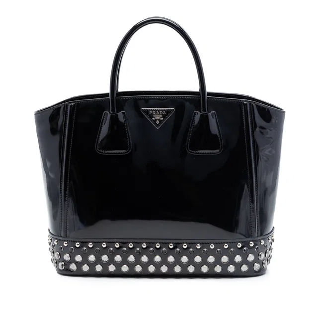 Black Prada Spazzolato Studded Crystal Tote in Black Leather from Designer Revival