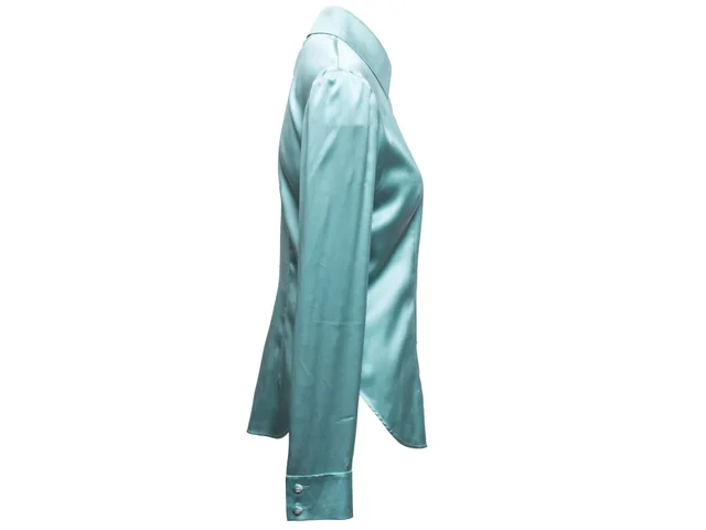 Aqua Chanel Silk Long Sleeve Button-Up Top Size FR 40 in Blue Silk from Designer Revival, photo 3 of 7