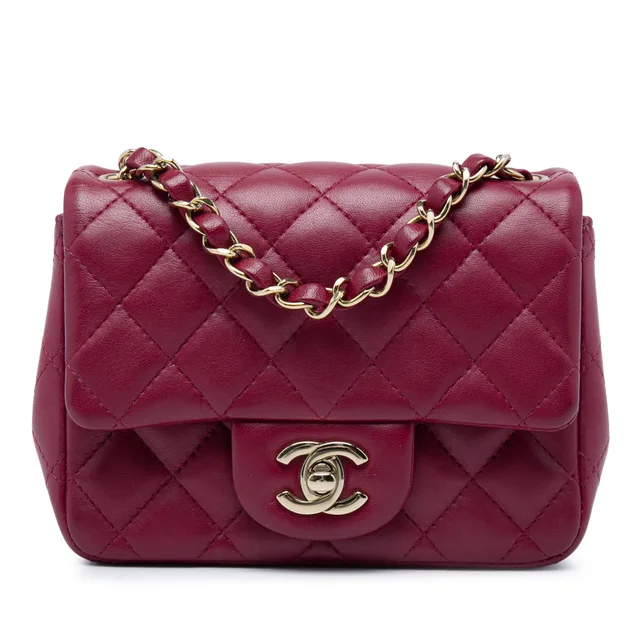 Red Chanel Mini Square Classic Lambskin Single Flap Crossbody Bag in Red Lambskin from Designer Revival