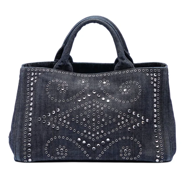 Gray Prada Studded Denim Canapa Logo Satchel in Grey Denim from Designer Revival