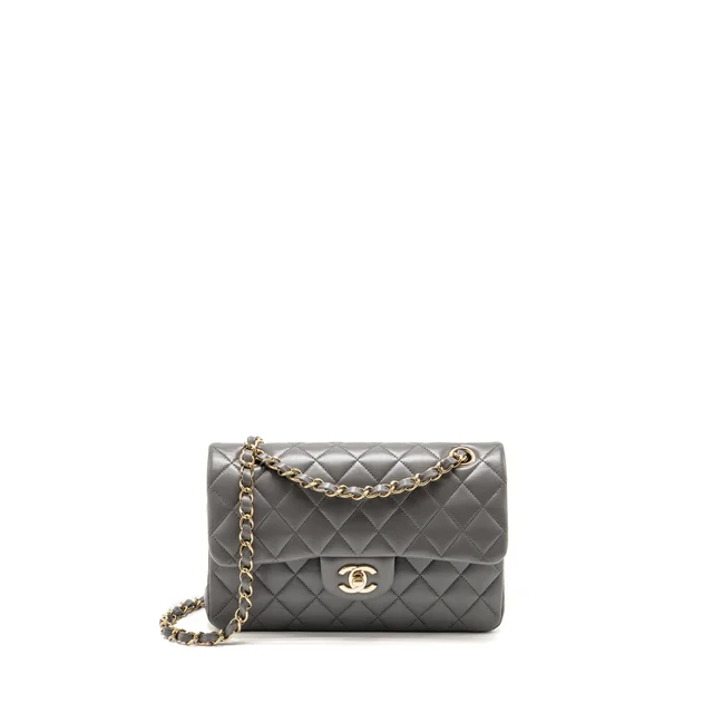 Chanel Small Classic Double Flap Bag Lambskin Grey LGHW (Microchip) in Grey Lambskin from EMIER