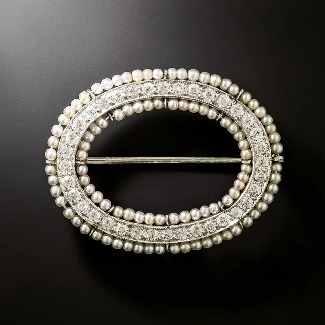 Tiffany & Co. Edwardian Natural Pearl and Diamond Brooch in Beige from Lang Antiques