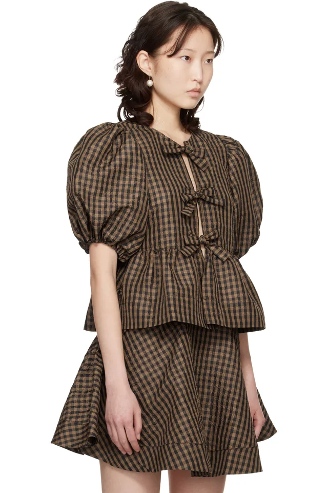 GANNI Brown Crinkled Check Blouse, photo 2 of 4 from SSENSE