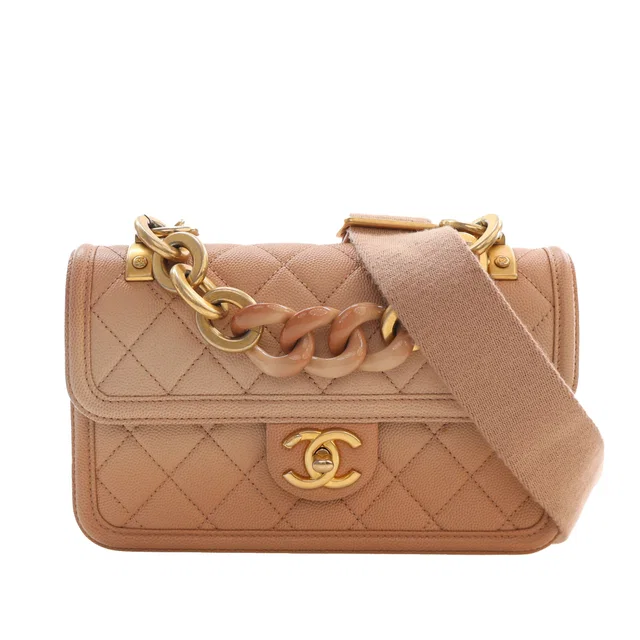 Beige Chanel Small Quilted Caviar Sunset On The Sea Flap Satchel in Beige Caviar leather from Designer Revival