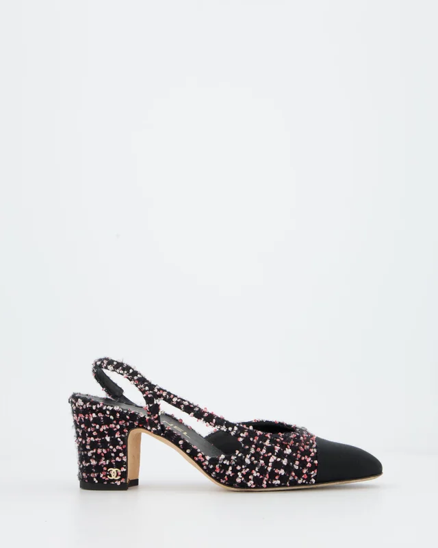 Chanel Black and Pink Tweed Sling backs with Black Grosgrain Cap Toe and Gold CC Logo Detail Size EU… in Black Tweed from Sellier