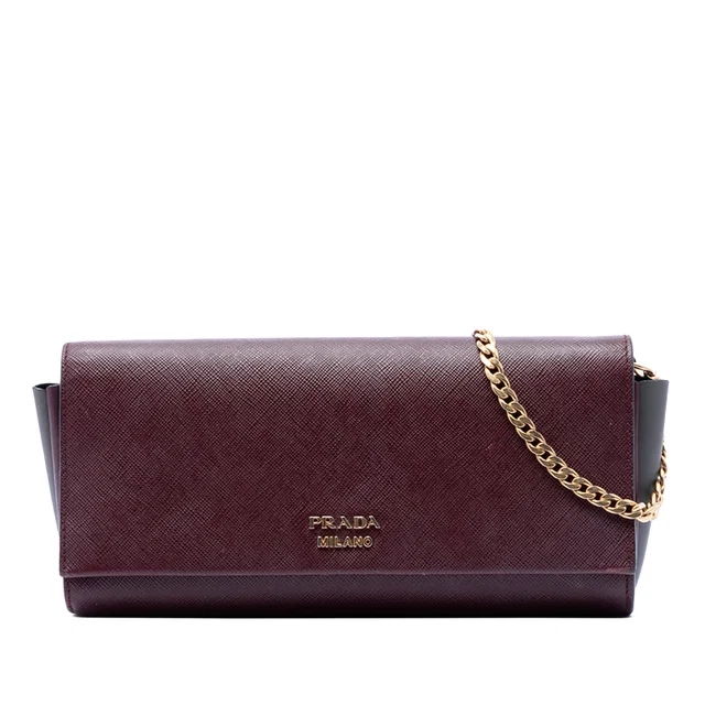 Red Prada Saffiano and City Calf Bibliotheque Clutch with Chain Crossbody Bag in Red Saffiano leather from Designer Revival