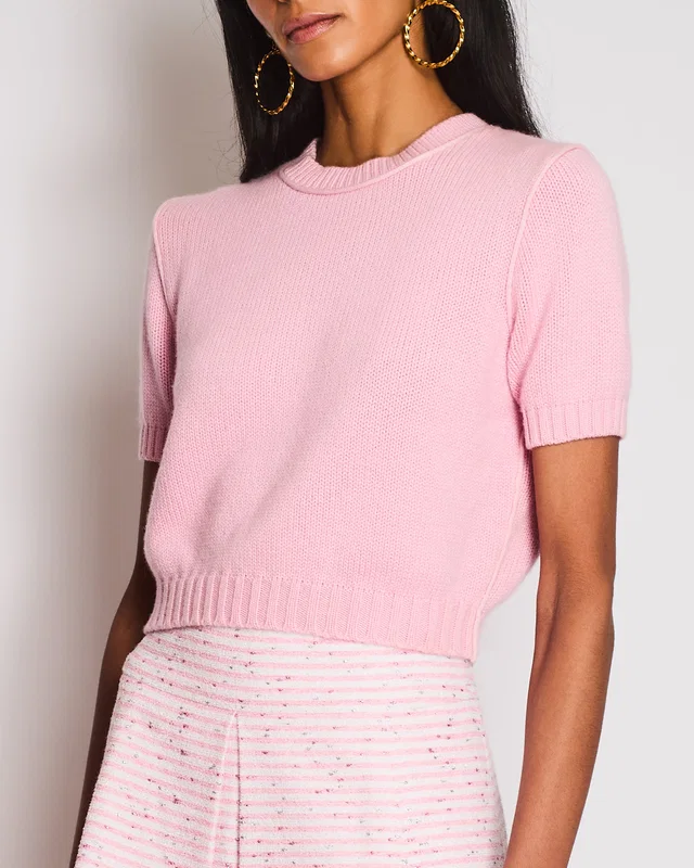 Miu Miu Pink Cashmere Knit Short-Sleeved Jumper with Crystal Button Detail Size IT 38 (UK 6) in Pink Cashmere from Sellier