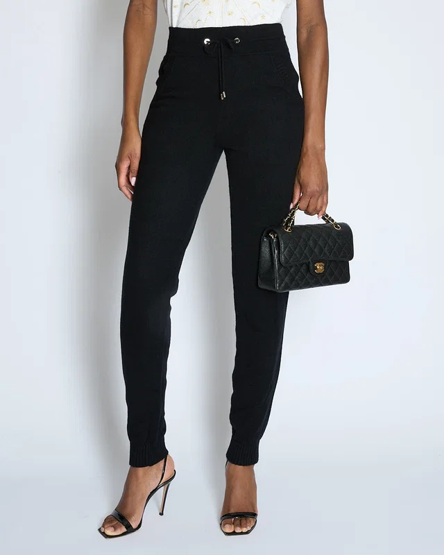Chanel Black Wool Tracksuit Bottoms with Logo Eyelet Detail Size FR 36 (UK 8) in Black Wool from Sellier