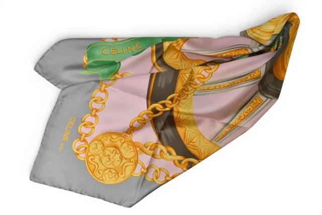 Celine Scarf Vintage Carriage Wheel Silk Silver Pink in Pink Silk from The Reluxe