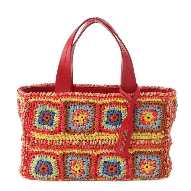 Miu Miu Logo Raffia Leather Handbag Red Multicolor in red Raffia from Poshmark