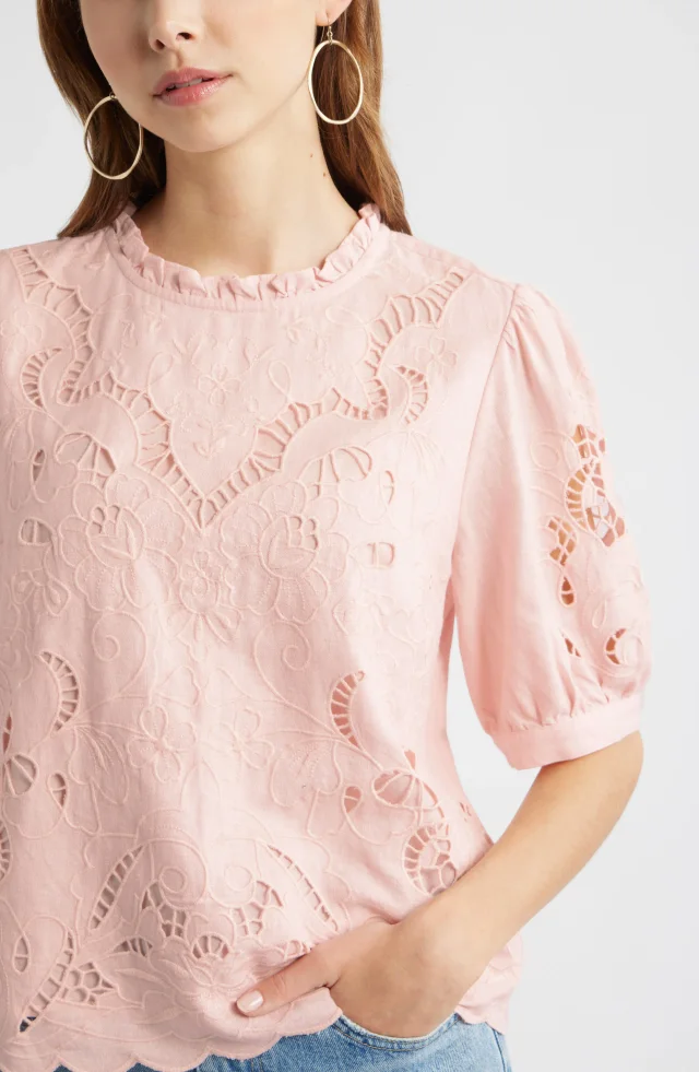 Treasure & Bond Embroidered Cutwork Puff Sleeve Linen Blend Top in Pink, photo 5 of 7 from Nordstrom Rack