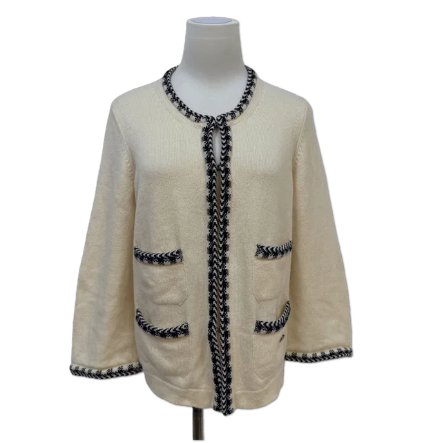 Chanel Cream Houndstooth-Trim Open-Front Knit Cardigan Jacket size 38 in White from Luxury Promise