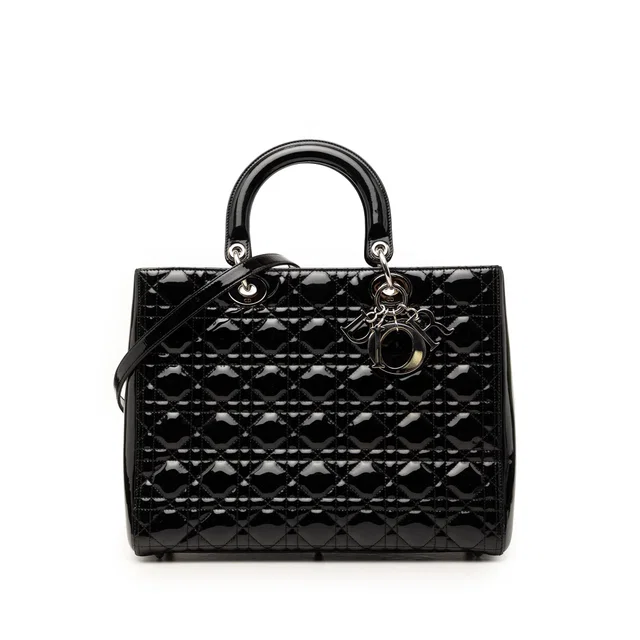 Black Dior Large Patent Cannage Lady Dior Satchel in Black Patent leather from Designer Revival