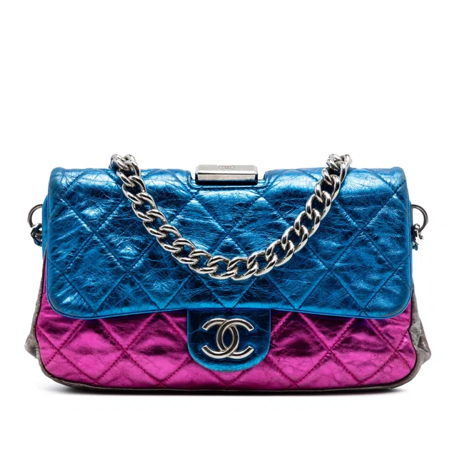 Multi Chanel Multicolor Quilted Metallic Calfskin Modern Chain Flap Frame Bag in Multicolor Calfskin from Designer Revival