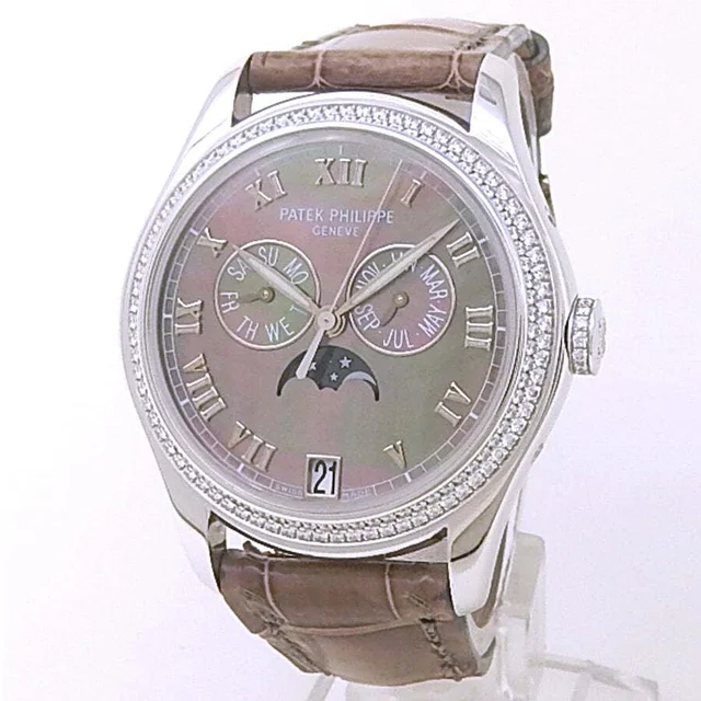 Patek Philippe Complications Diamond Black Mother of Pearl Dial Ladies Watch 4936G-001 in brown|red|white|black|gold Leather from Jomashop.com