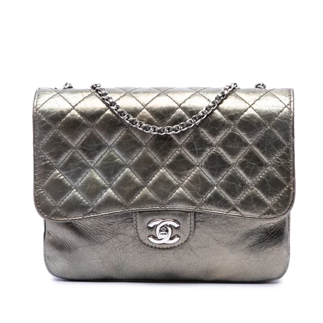 Gray Chanel Medium Metallic Crackled Calfskin Clams Pocket Flap Shoulder Bag in Grey Calfskin from Designer Revival