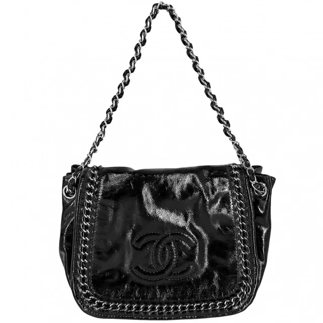 Chanel Shoulder Bag CC Logo Chain Bag Patent Leather Black Silver in Black Patent leather from The Reluxe