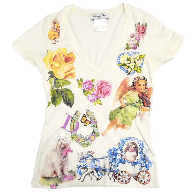 Dior 2005 John Galliano Romantic Print V-neck T-shirt #36 from AMORE Vintage Tokyo
