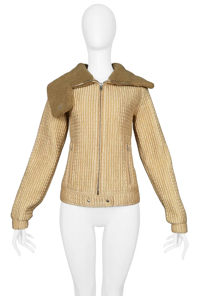 Miu Miu Gold Quilted & Faux Shearling Collar Jacket 2002 in Gold Nylon from Resurrection Vintage