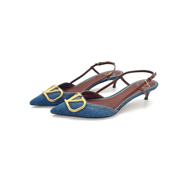 Valentino Garavani Vlogo Blue Denim Pointed Toe Slingback Kitten Heel Pumps 37.5 in gold Denim from Poshmark